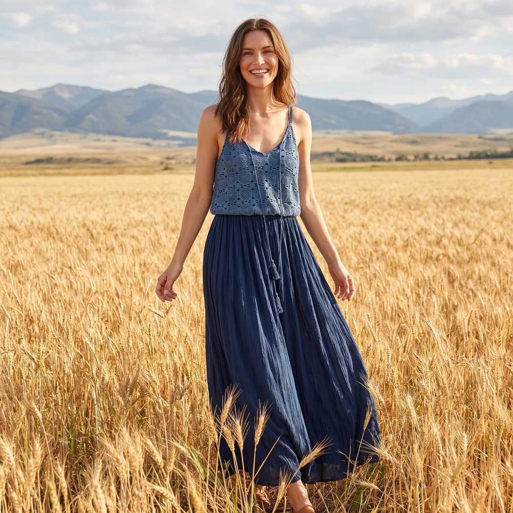 Studio West Maxi Dress Womens M Indigo Crochet Boho Cottagecore Tassels NWT